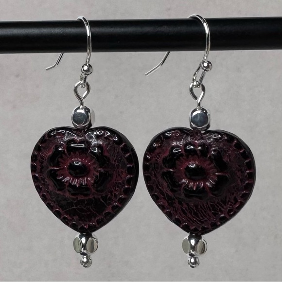 HAND CRAFTED Czech Glass Victorian Heart Earrings Purple & Silver 1 1/2” NWT - Picture 9 of 14